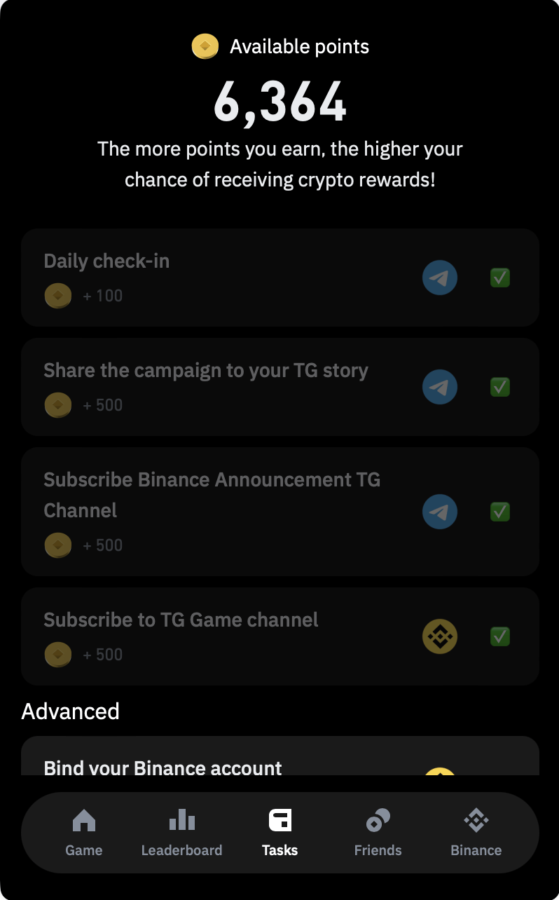 Вкладка Tasks з переліком завдань для заробітку очок