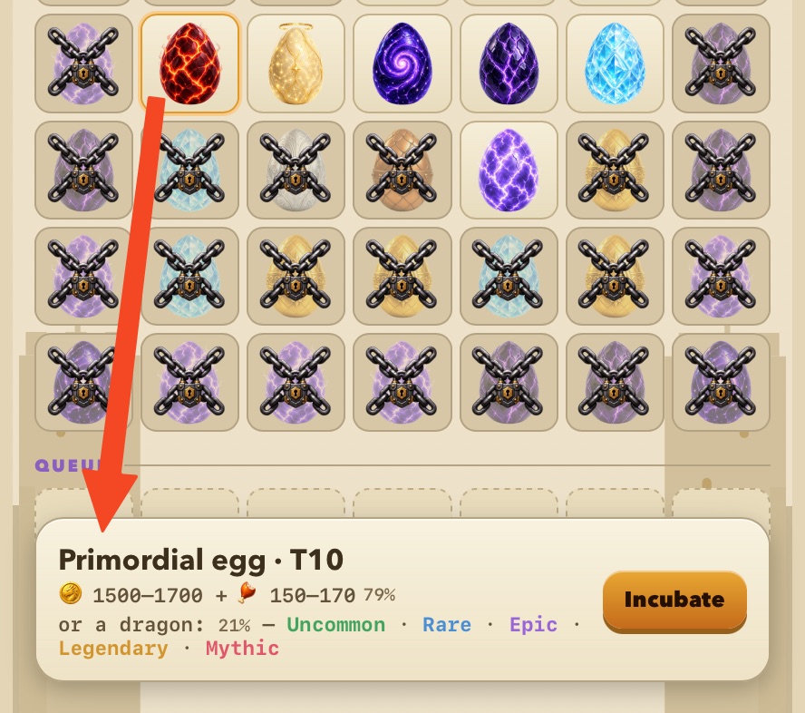 Картка Primordial-яйця T10 в Emberwing: 79% на 1500–1700 золота і 150–170 м'яса, 21% на дракона рарності від Uncommon до Mythic
