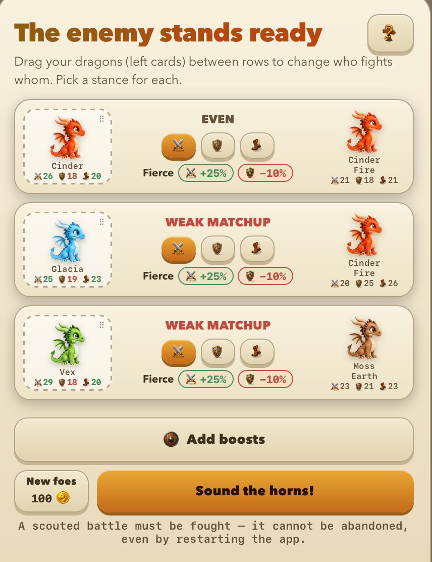 Скаут бою в Emberwing до перестановки: дві пари з червоною позначкою Weak Matchup