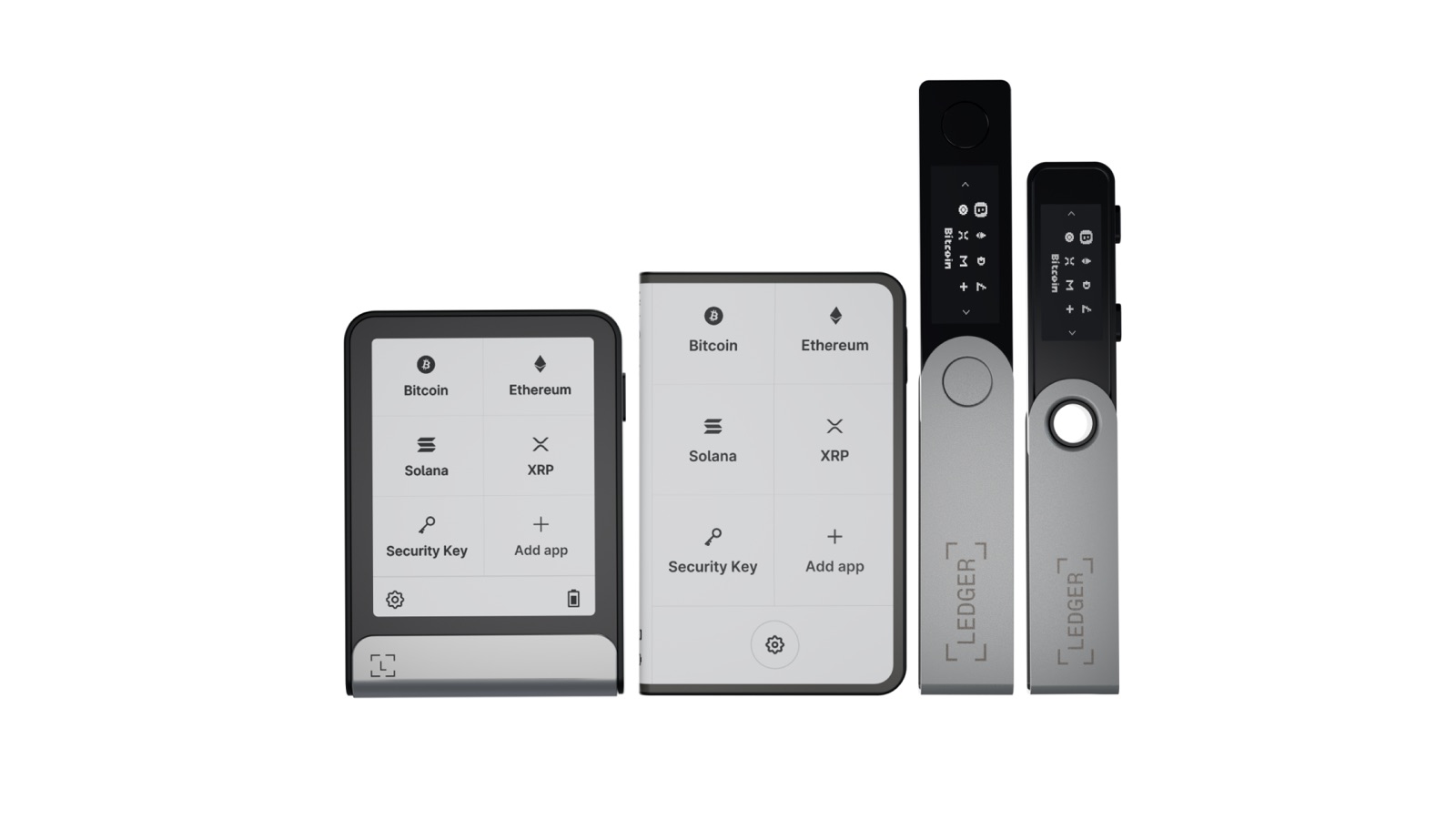 Модельний ряд Ledger: Stax, Flex, Nano X і Nano S Plus поруч