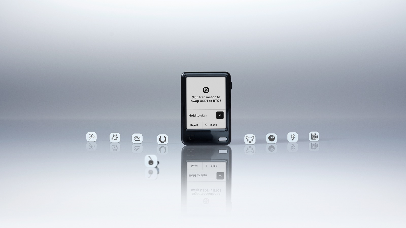 Ledger Nano Gen5 показує запит на підпис транзакції обміну USDT на BTC
