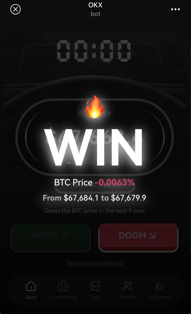 Екран гри OKX Racer з результатом прогнозу