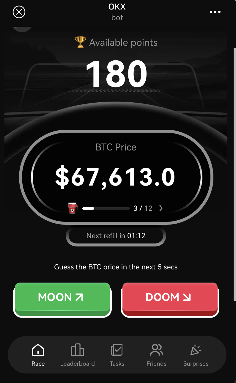 Скріншот гри OKX Racer — вгадування ціни BTC