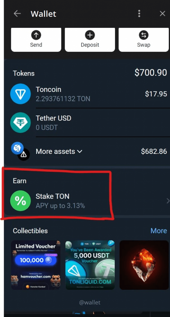 Розділ стейкінгу в Telegram Wallet з прибутковістю 2-3% APY