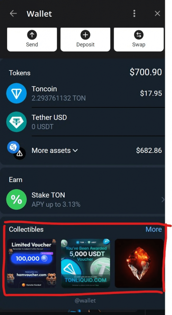 Розділ Колекції з підробленою рекламою у Telegram Wallet