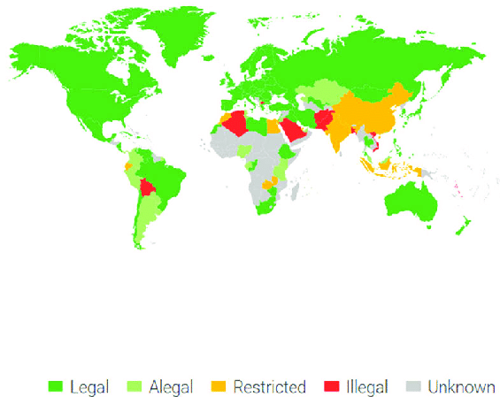 Легальність біткоїна в різних країнах світу можна побачити на цій мапі